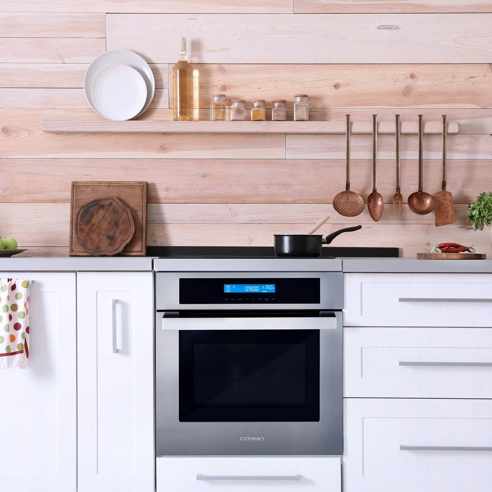 Stainless steel single electric wall oven with dark glass door and control display