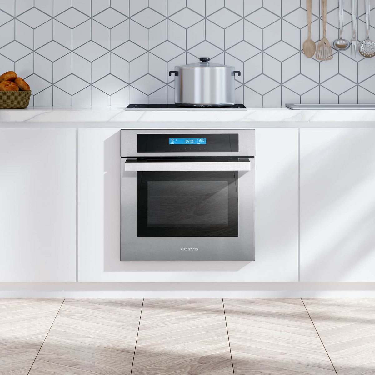 Stainless steel wall oven built-in unit with black door and blue digital display