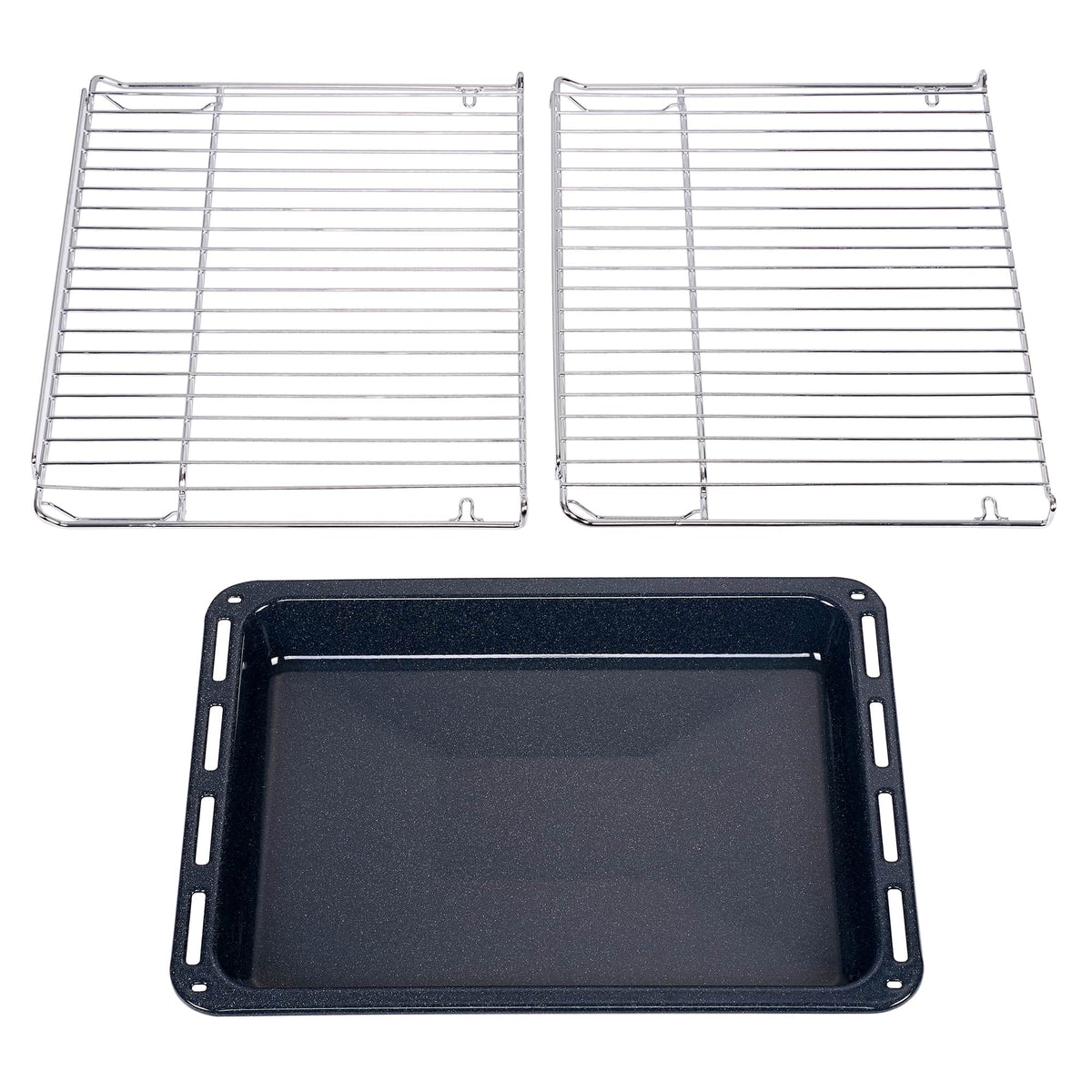 Oven accessories set with two wire racks and a dark baking tray