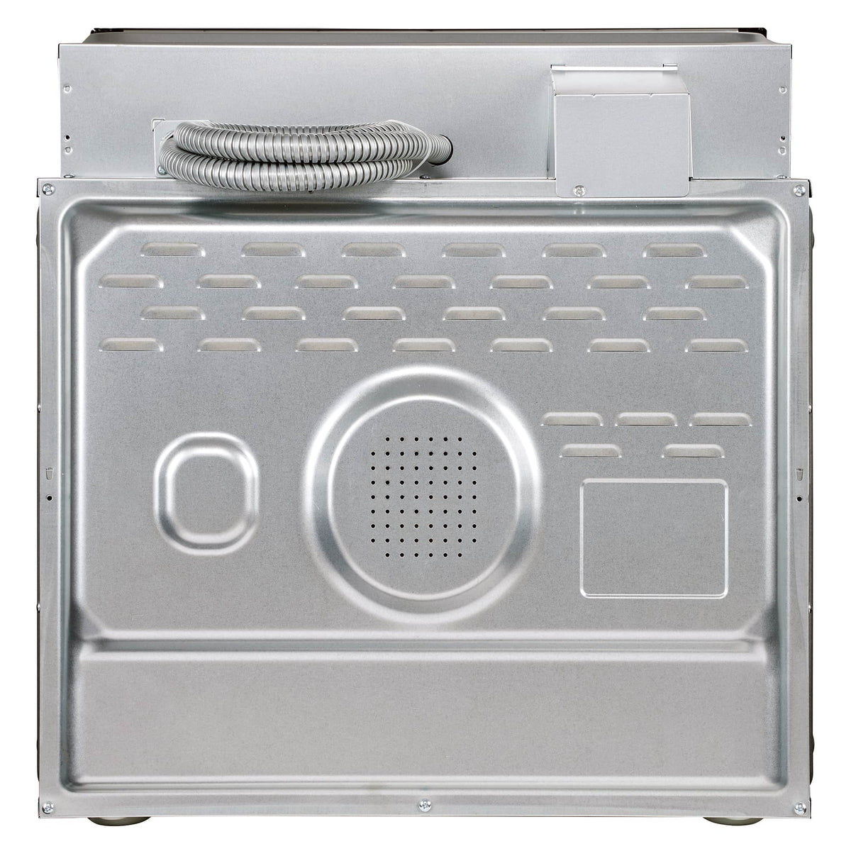 Stainless steel oven cavity base with round fan and heating vents