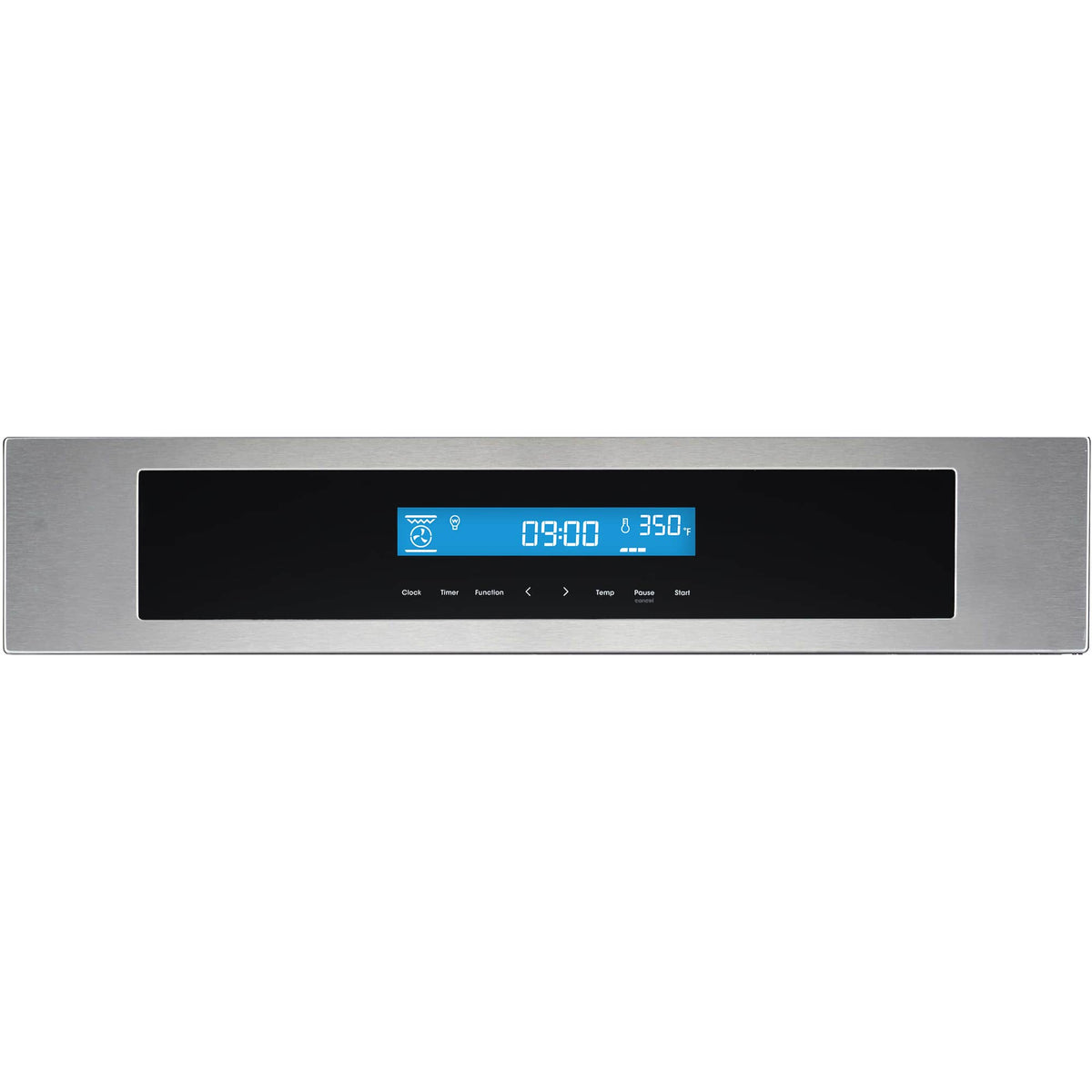 Stainless steel electric wall oven control panel with blue digital display