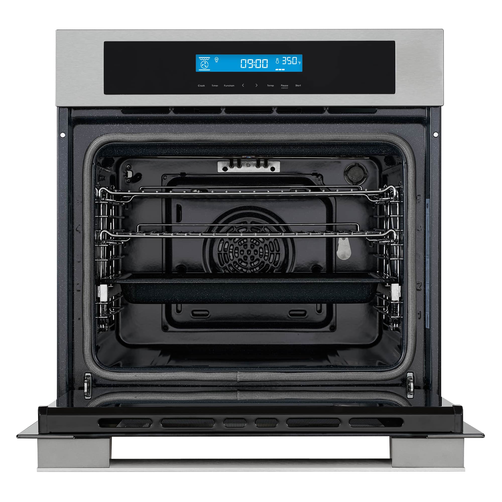 Electric wall oven with door open, black interior, and chrome racks