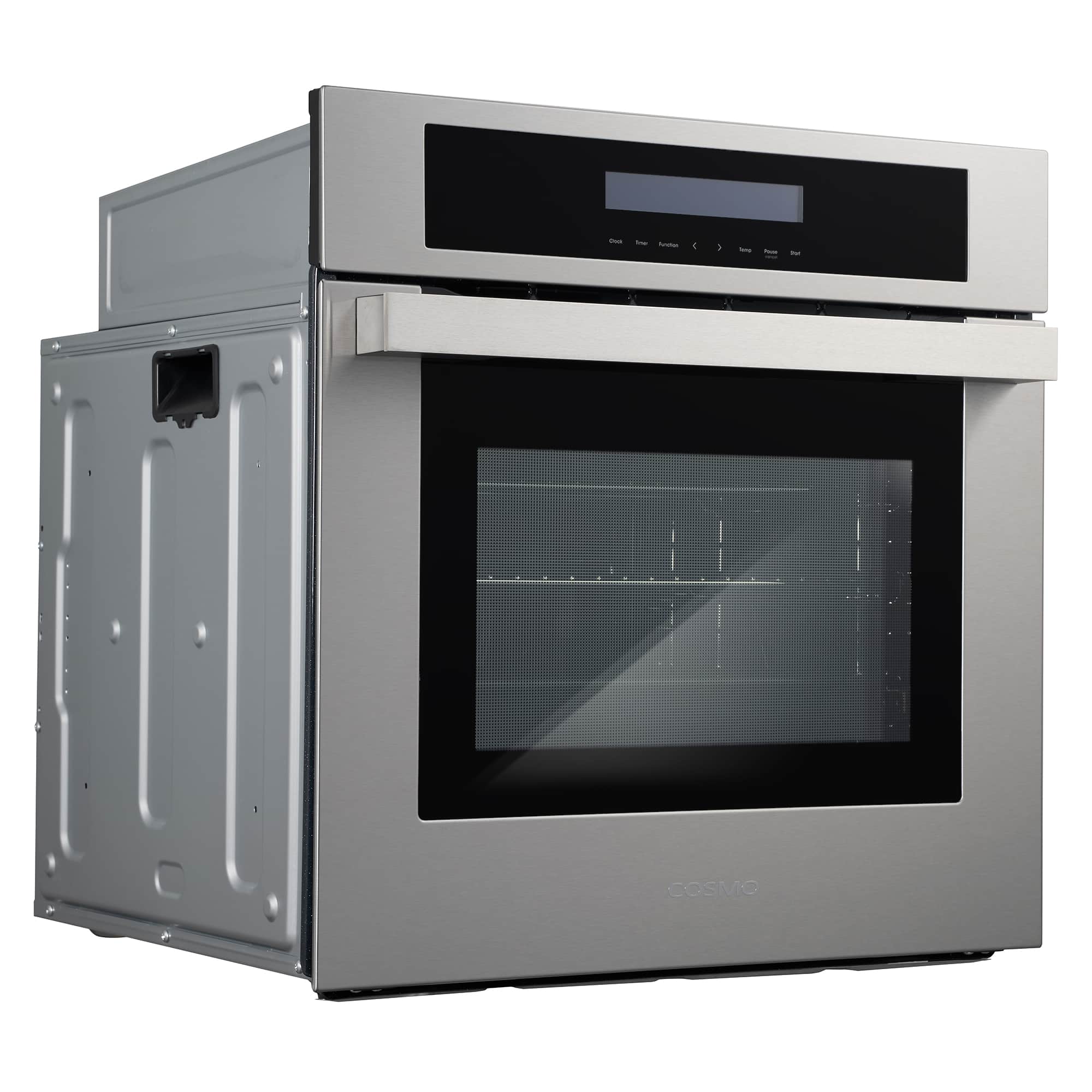 Stainless steel electric wall oven with black glass door and digital display