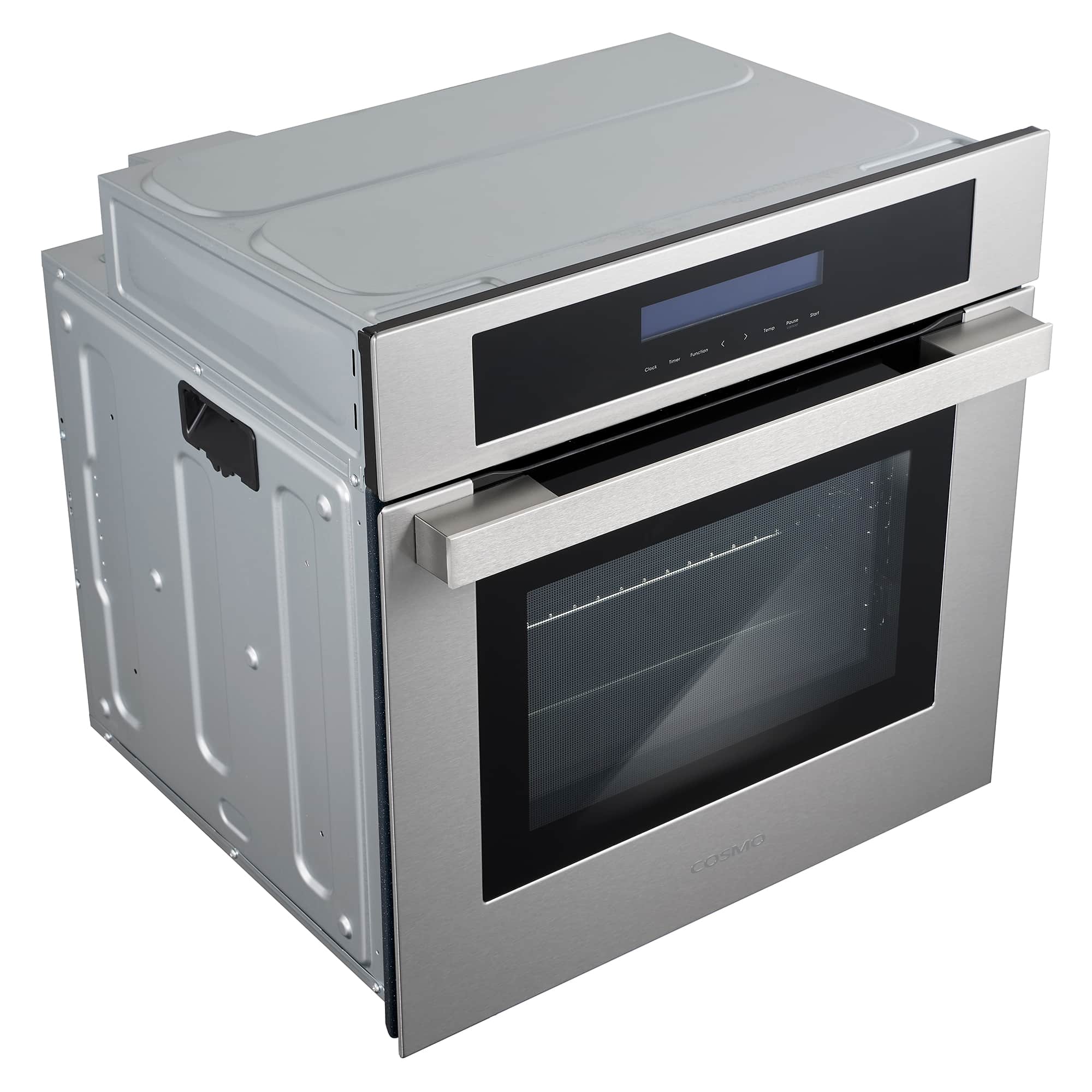 Stainless steel electric wall oven side view with open rear access cover