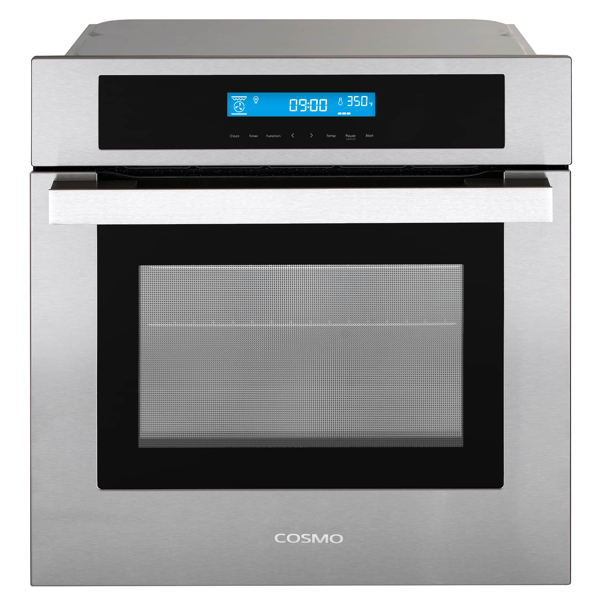 COSMO stainless steel electric wall oven with black window and digital display