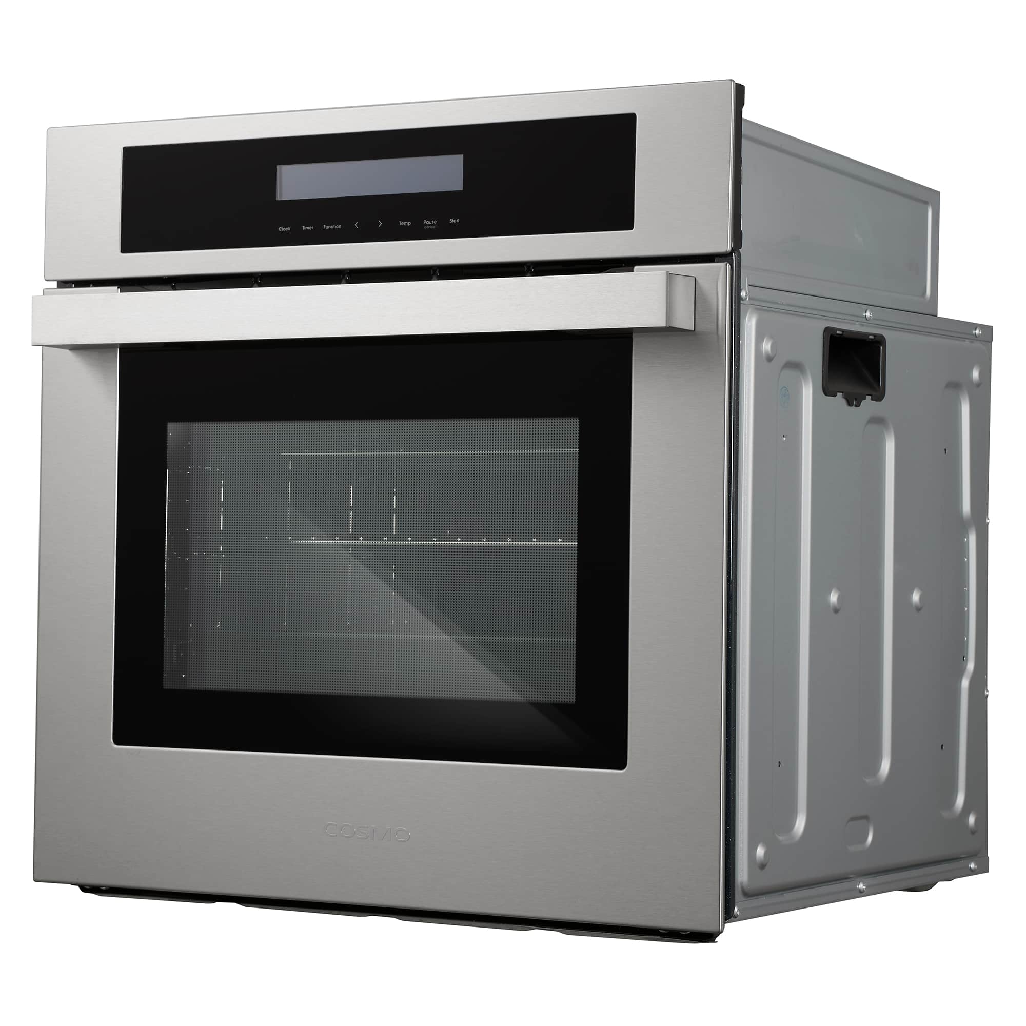 Stainless steel electric wall oven with side service panel and black glass door