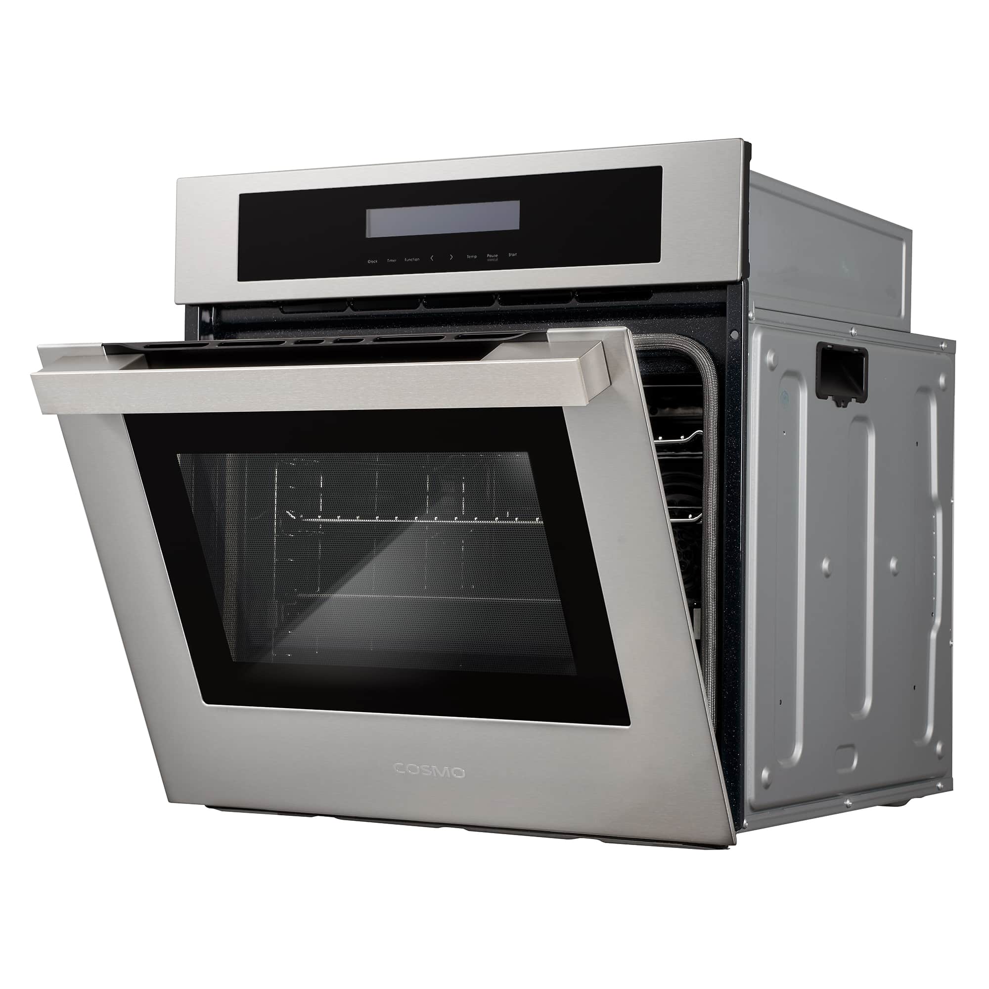 Electric wall oven with door open, stainless frame, and black interior window