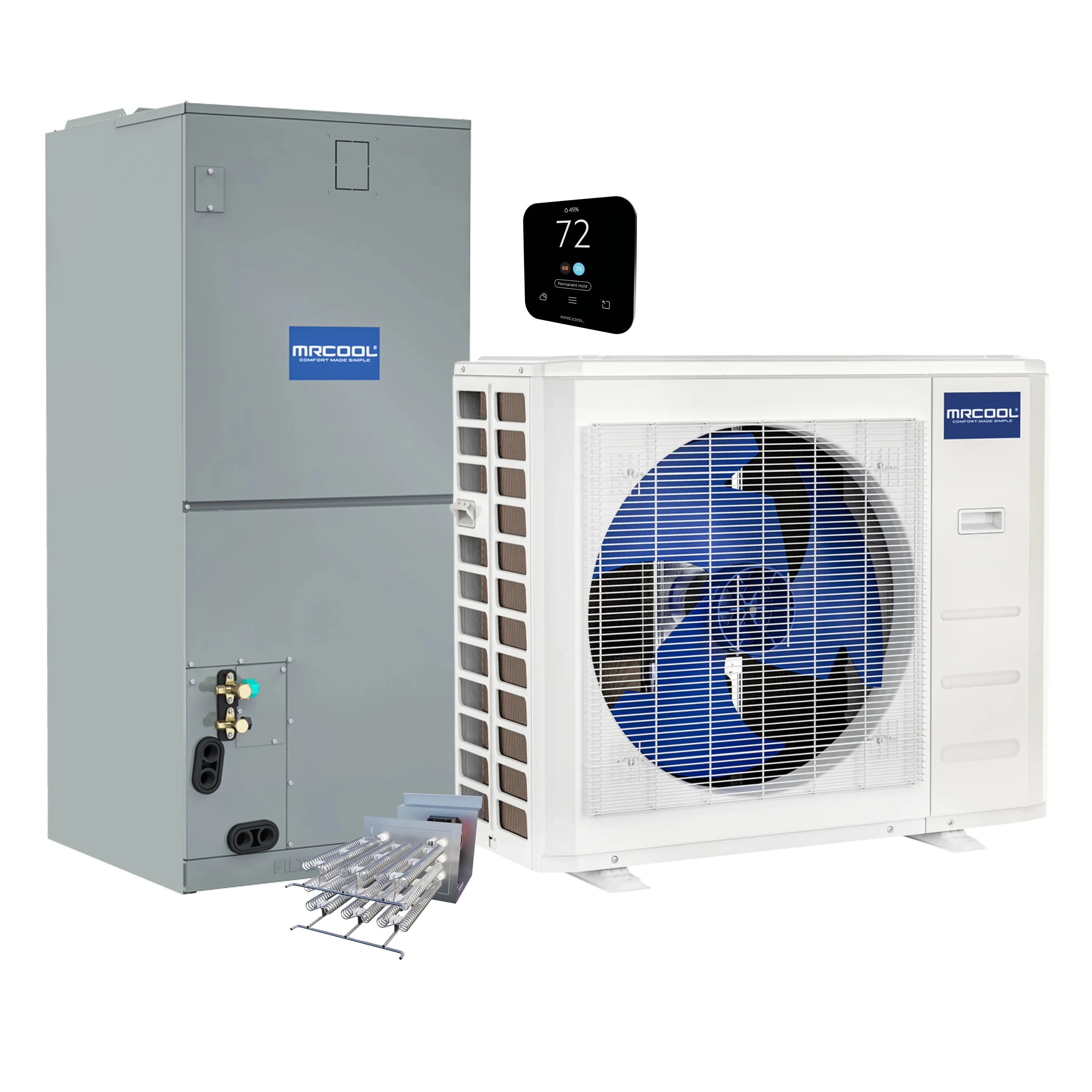 MRCOOL heat pump condenser, ducted air handler, and wall thermostat with 72 display
