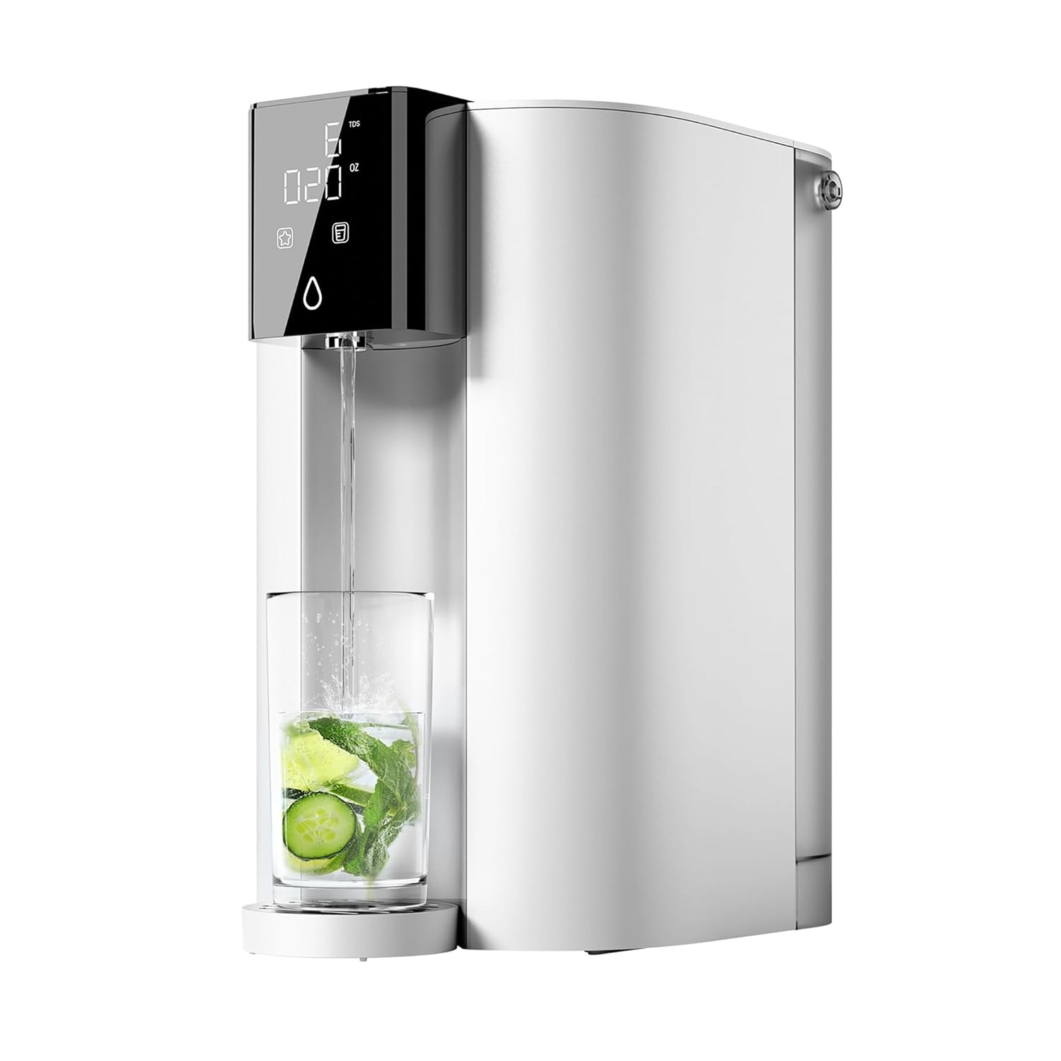 White RO countertop water dispenser with clear water reservoir and black front control