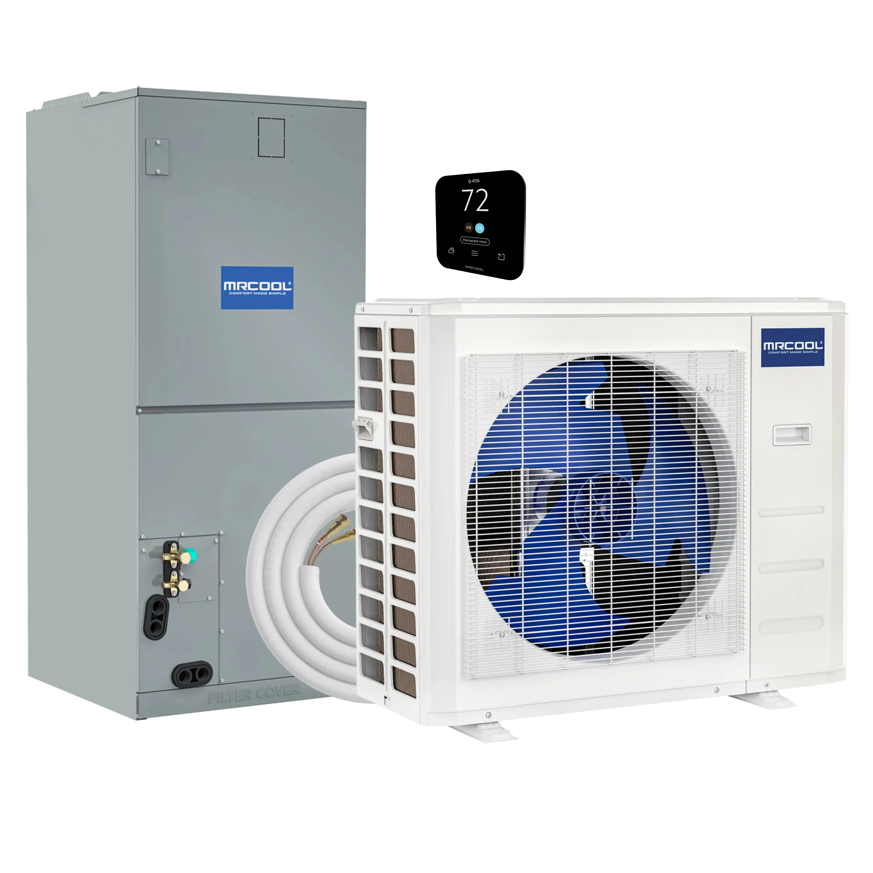 MRCOOL heat pump and ducted air handler set with outdoor condenser and indoor unit