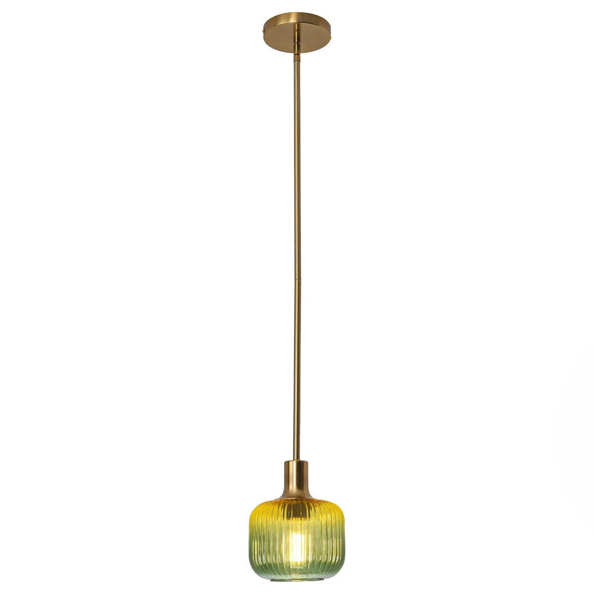 Single green ribbed glass pendant light with brass canopy and hanging cord