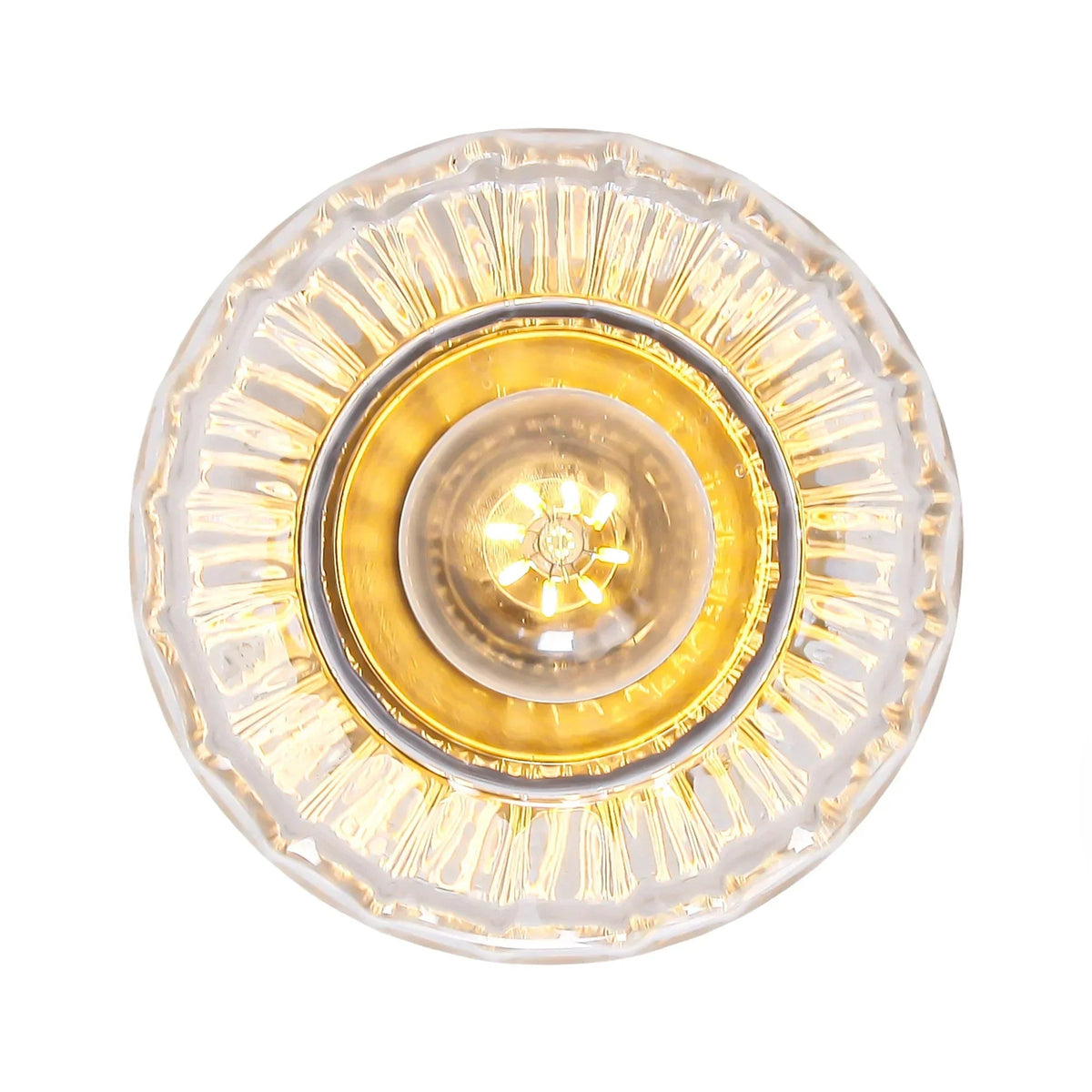 Golden semi-flush mount ceiling light with clear faceted glass shade