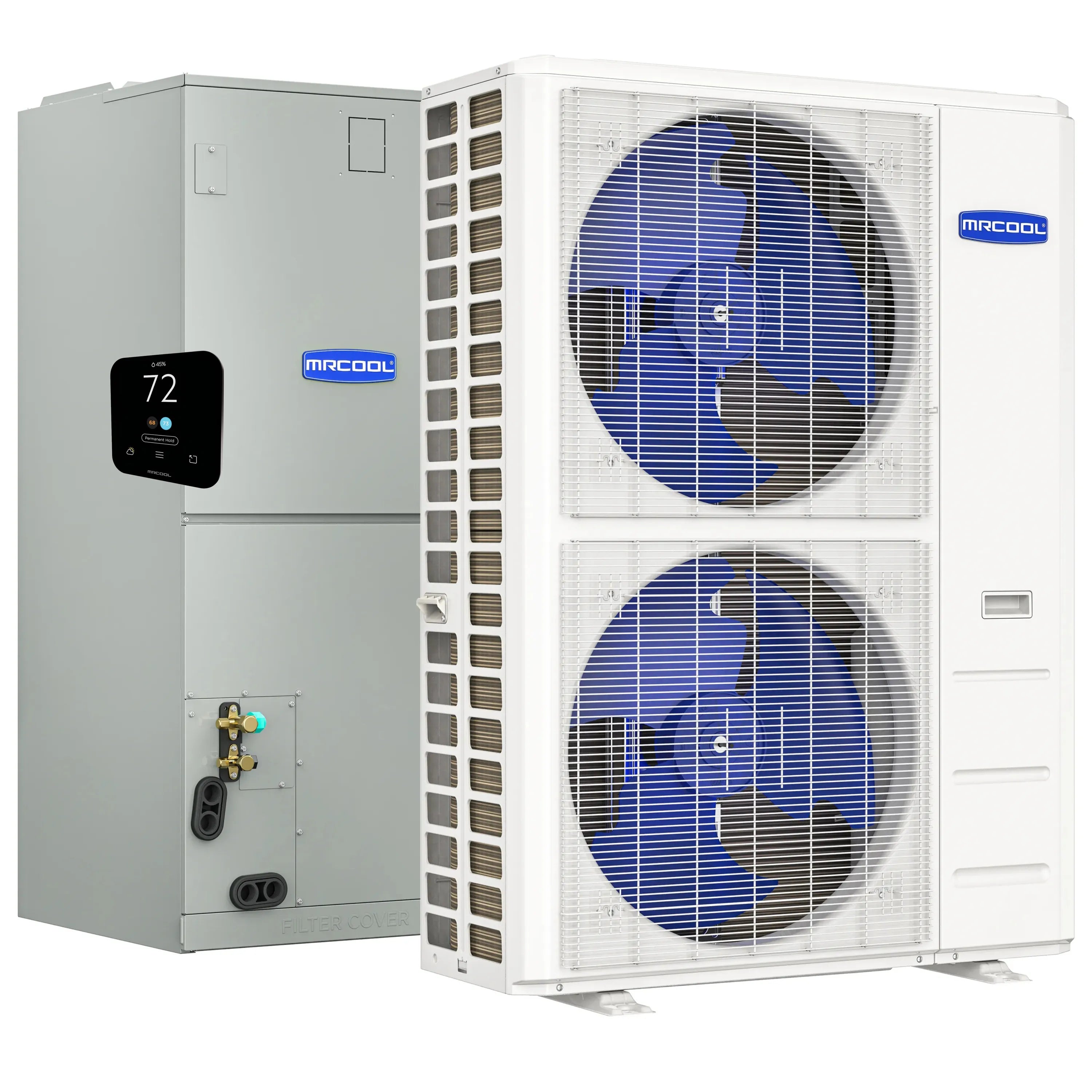 White and gray MRCOOL heat pump condenser system with two fan grilles and controller