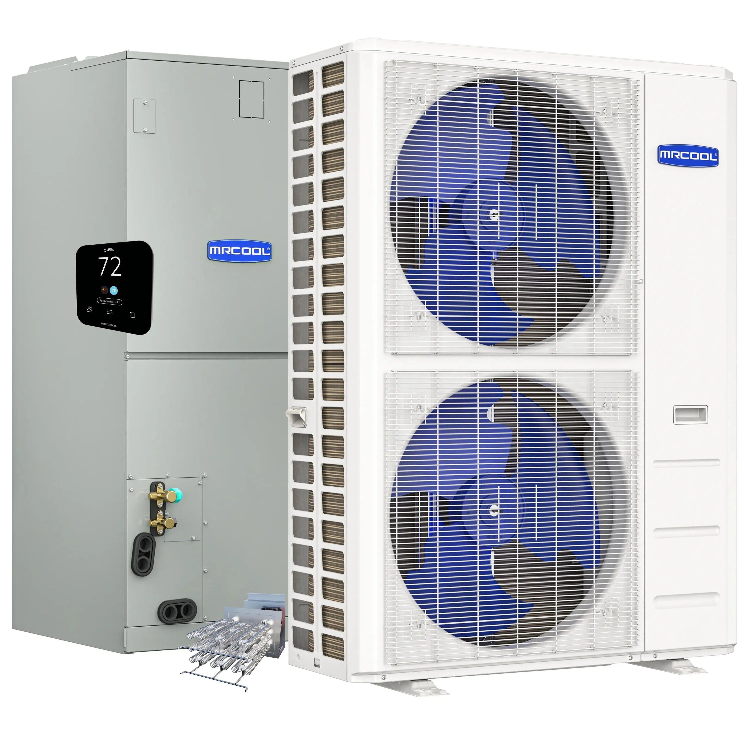 MRCOOL outdoor heat pump condenser with gray air handler and two-fan outdoor unit