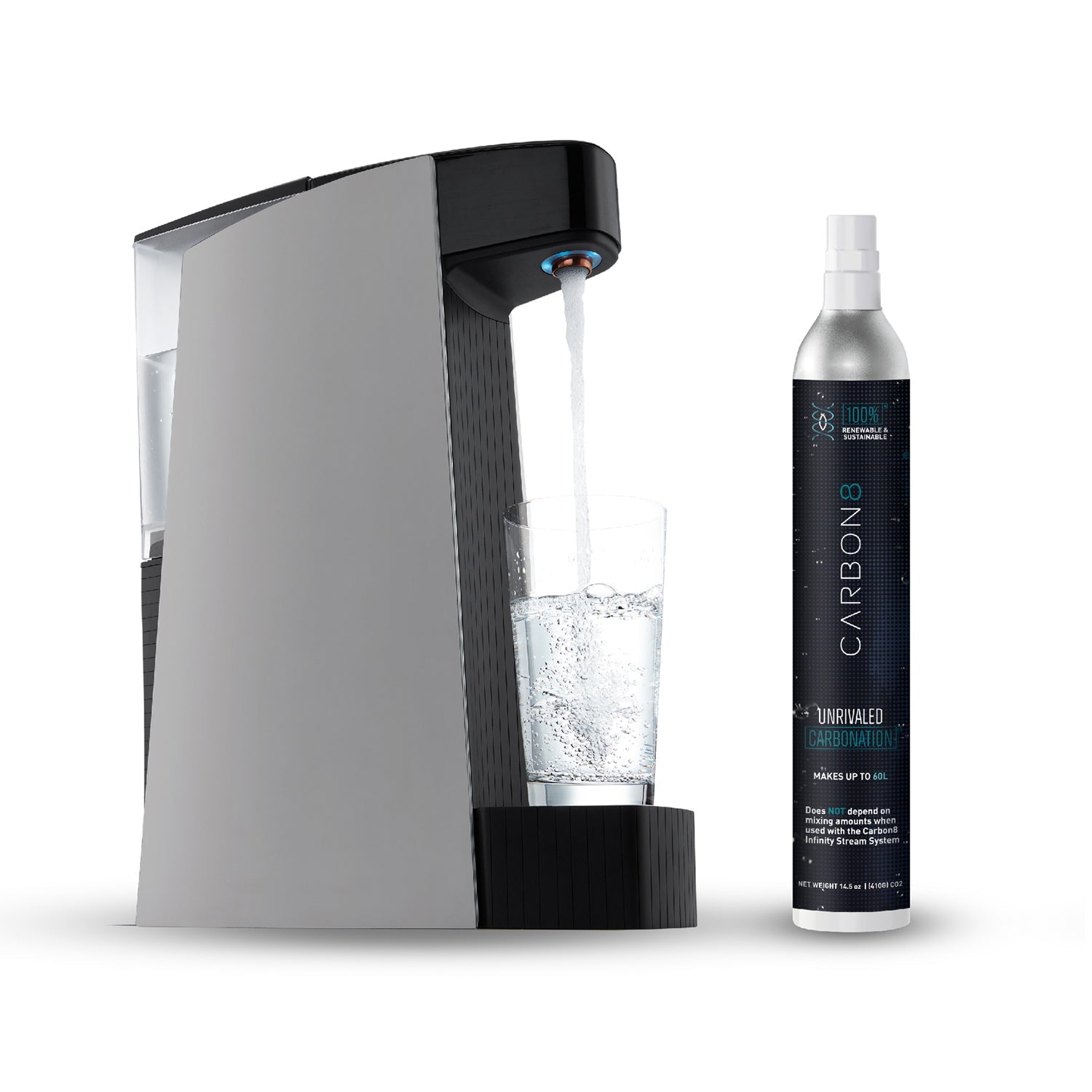Carbon8 sparkling water maker with cup filling and included CO2 cylinder bottle