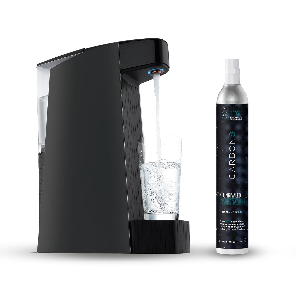 Black countertop sparkling water maker with CO2 bottle and clear glass
