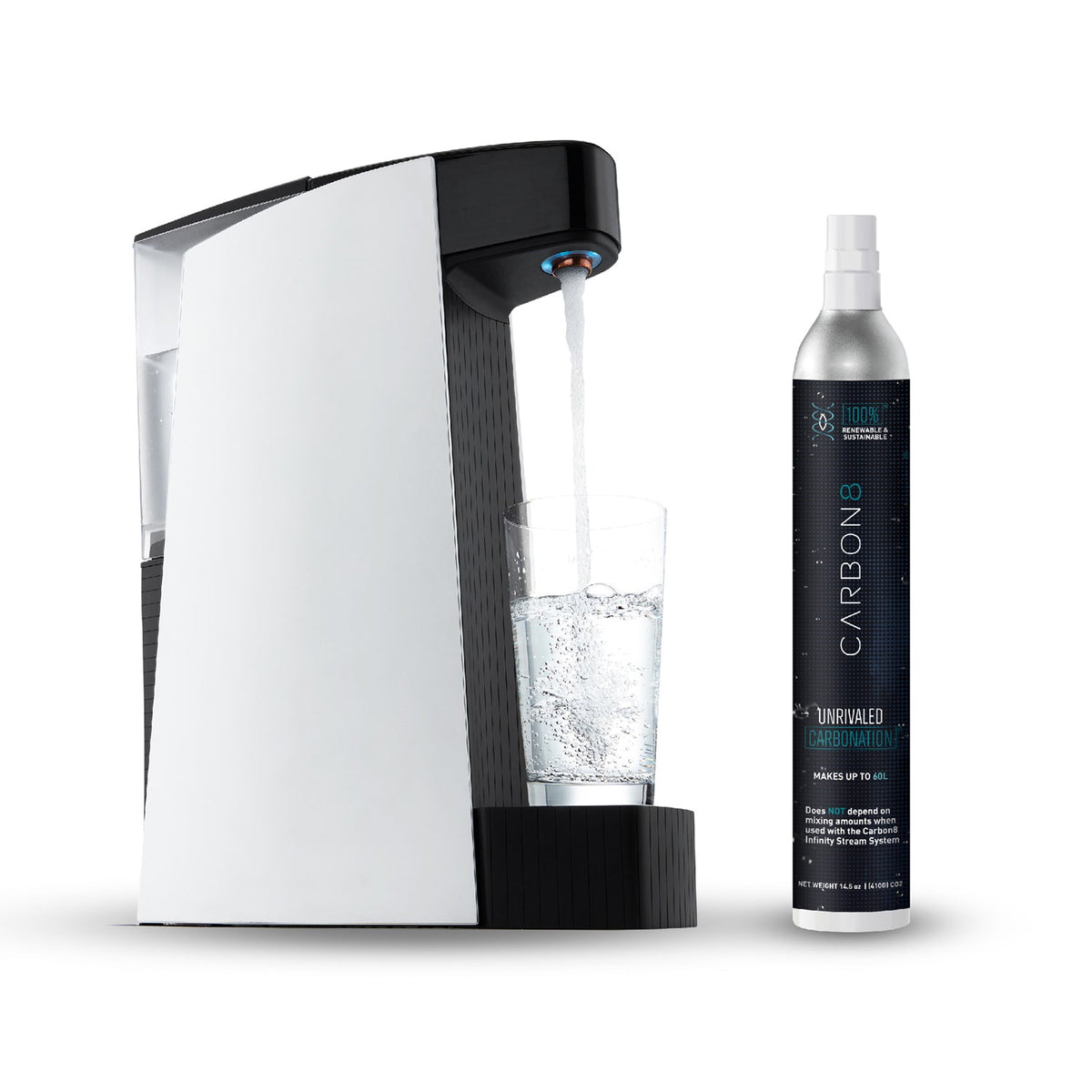White sparkling water maker with clear glass and Carbon8 CO2 bottle