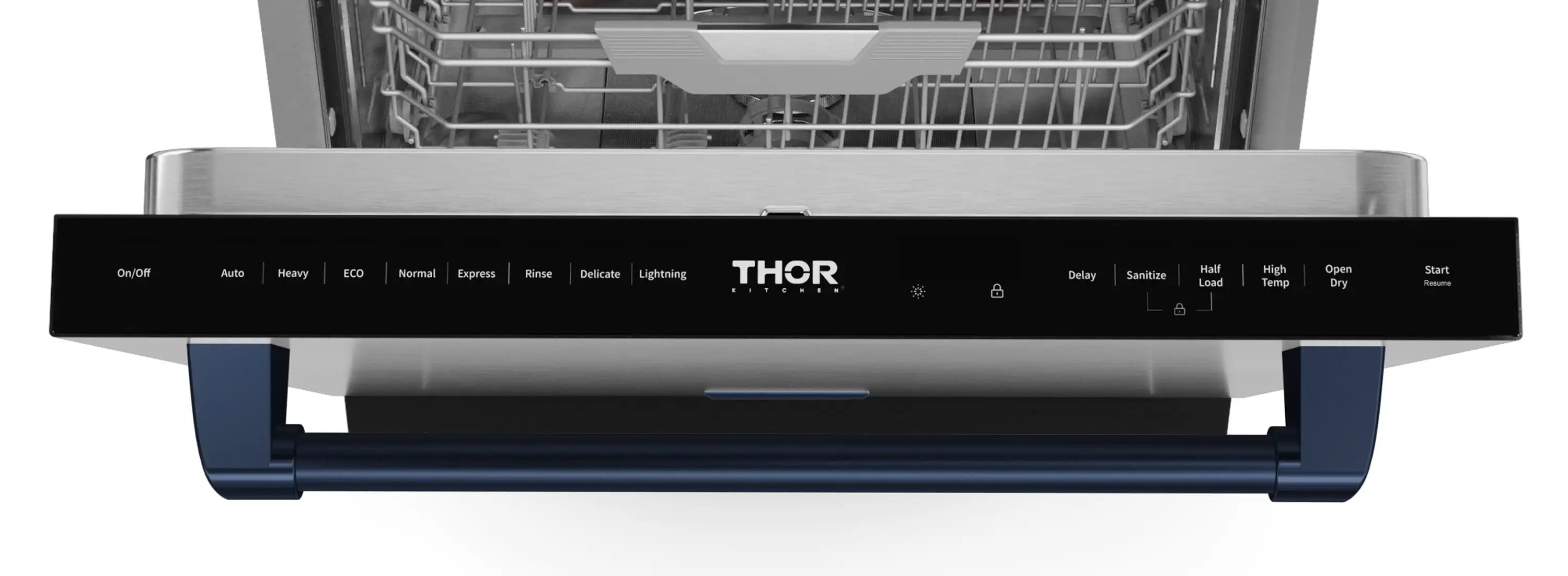 Dishwasher control panel with THOR logo, black fascia and button display