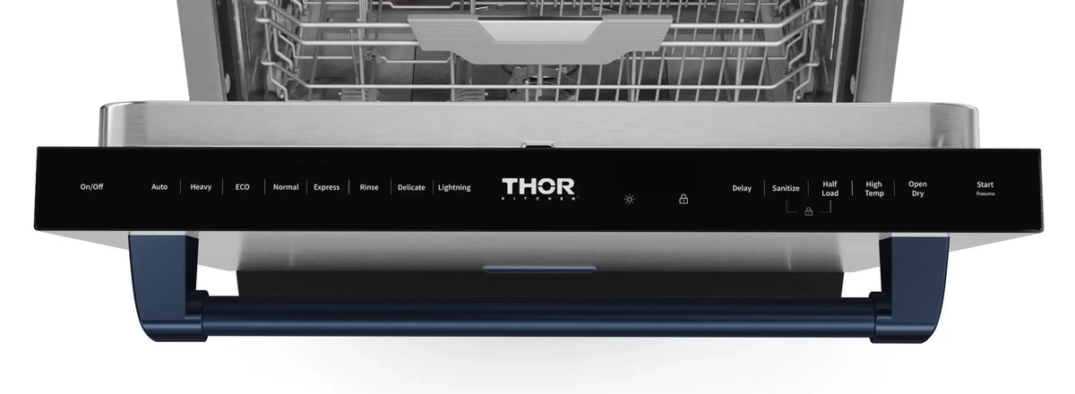 Stainless gas range control panel and black cooktop with THOR branding