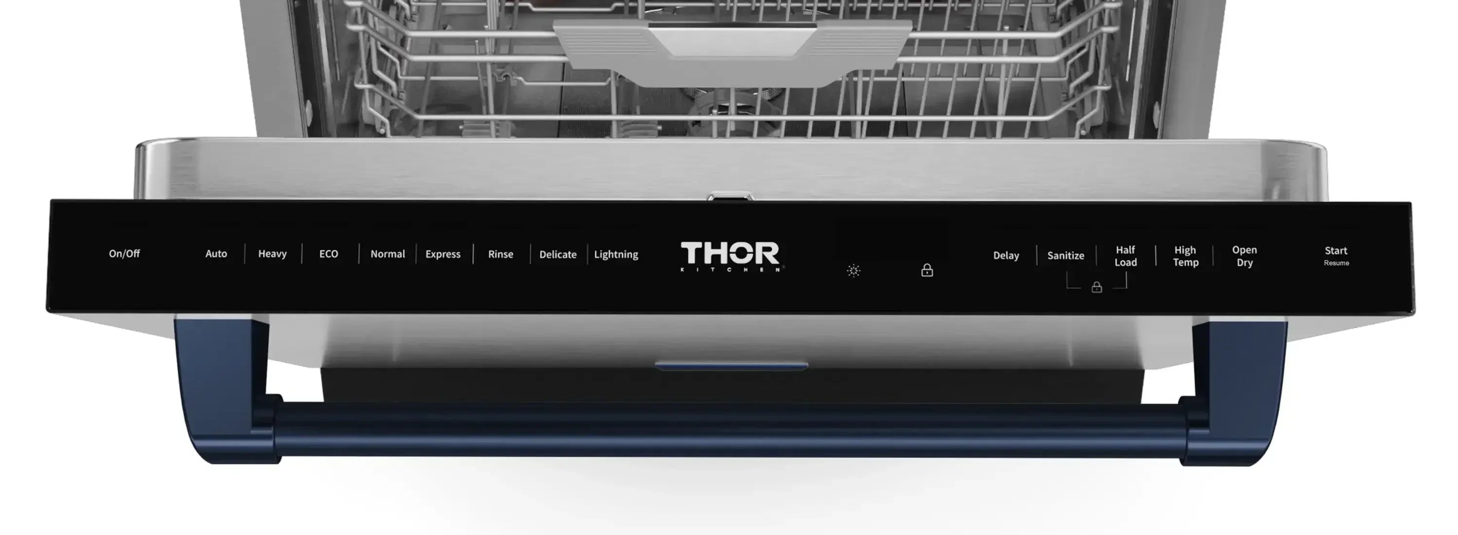 Dishwasher control panel with THOR branding and multiple settings buttons