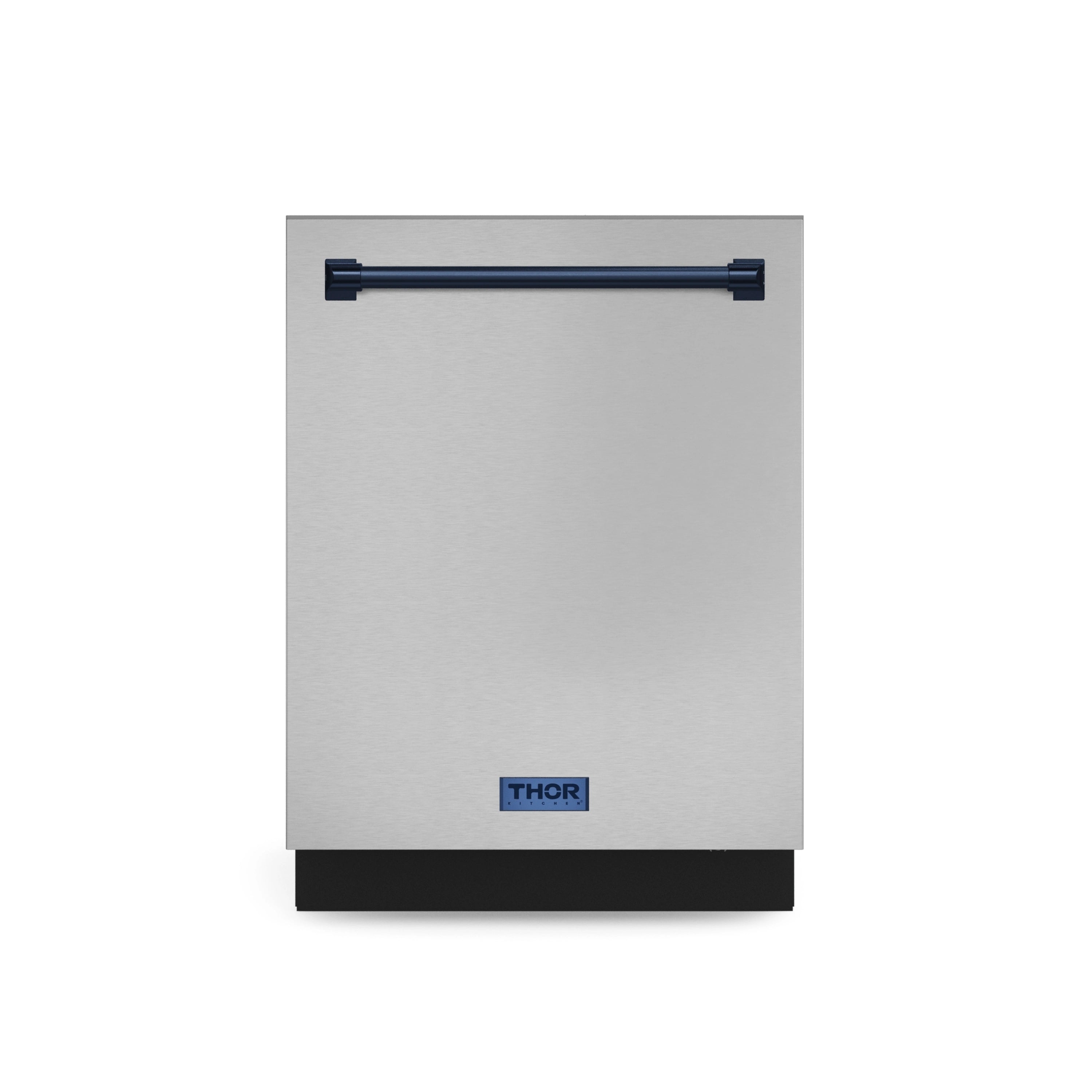 Stainless steel dishwasher with navy handle trim, front view