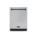 Stainless steel dishwasher with navy handle trim, front view