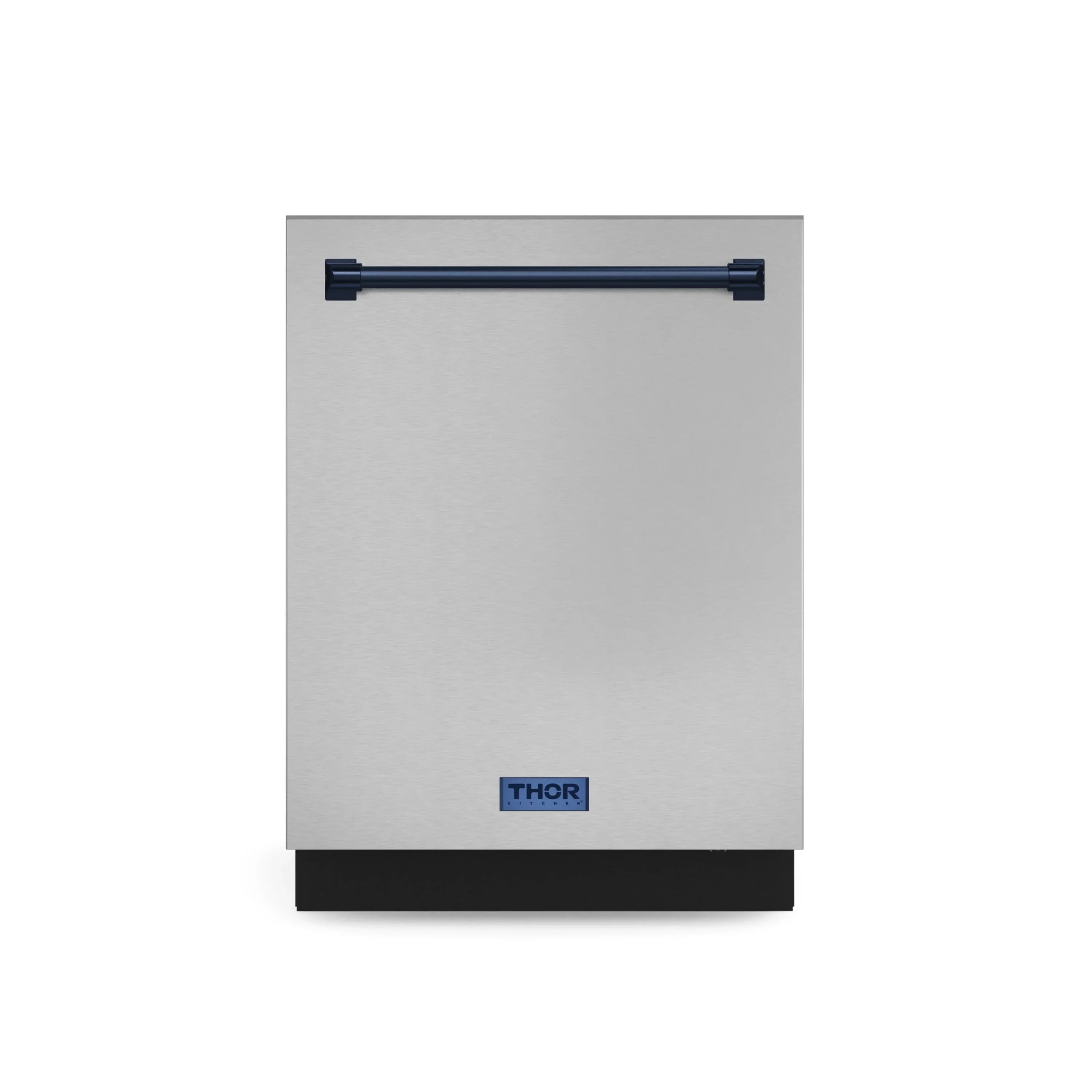 Stainless steel dishwasher with blue-trim handle and THOR logo on front panel.