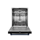 Stainless dishwasher with open door, empty wash chamber and racks