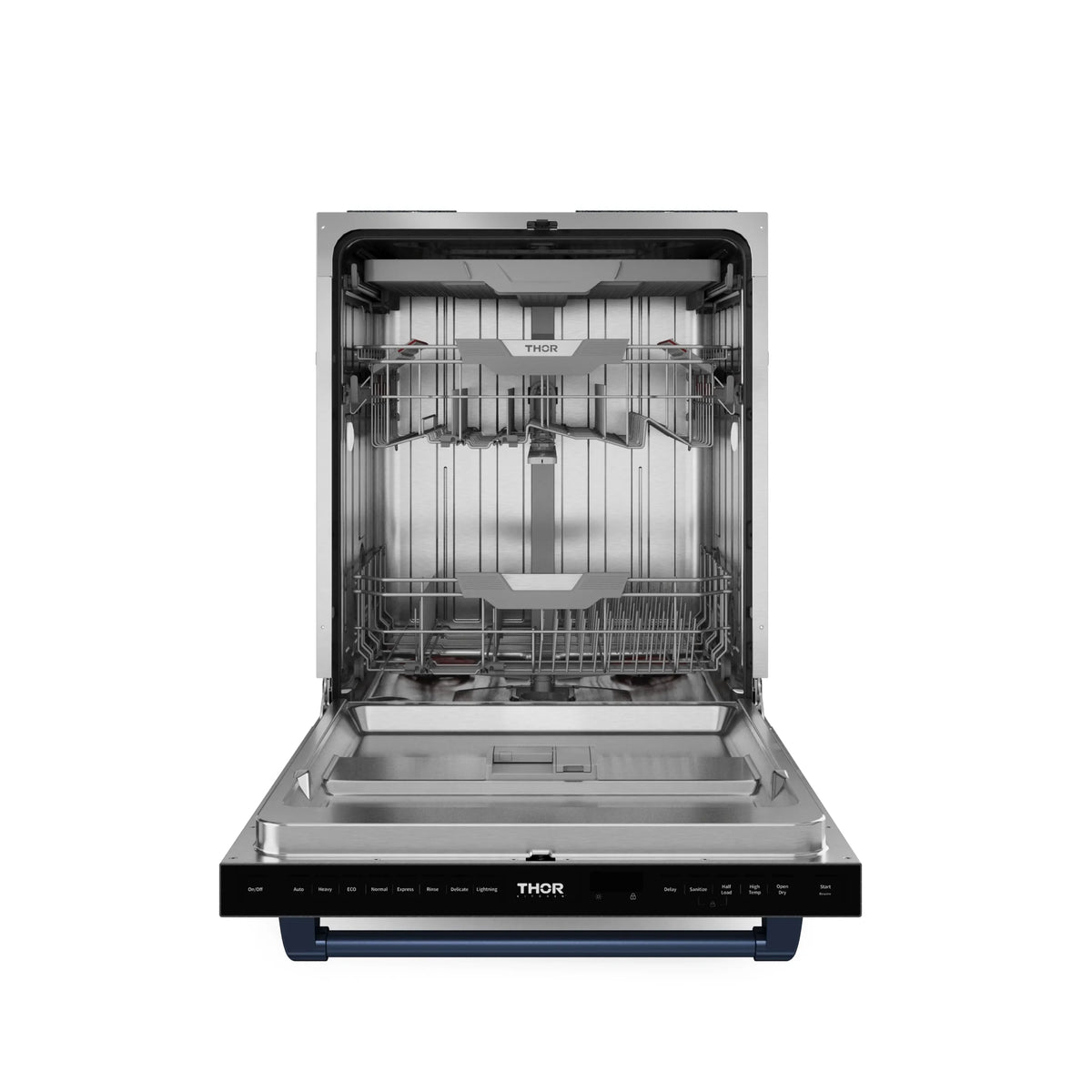 Built-in dishwasher door open showing racks and spray arms inside