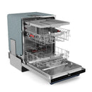 Stainless dishwasher with open door, wire racks and spray area