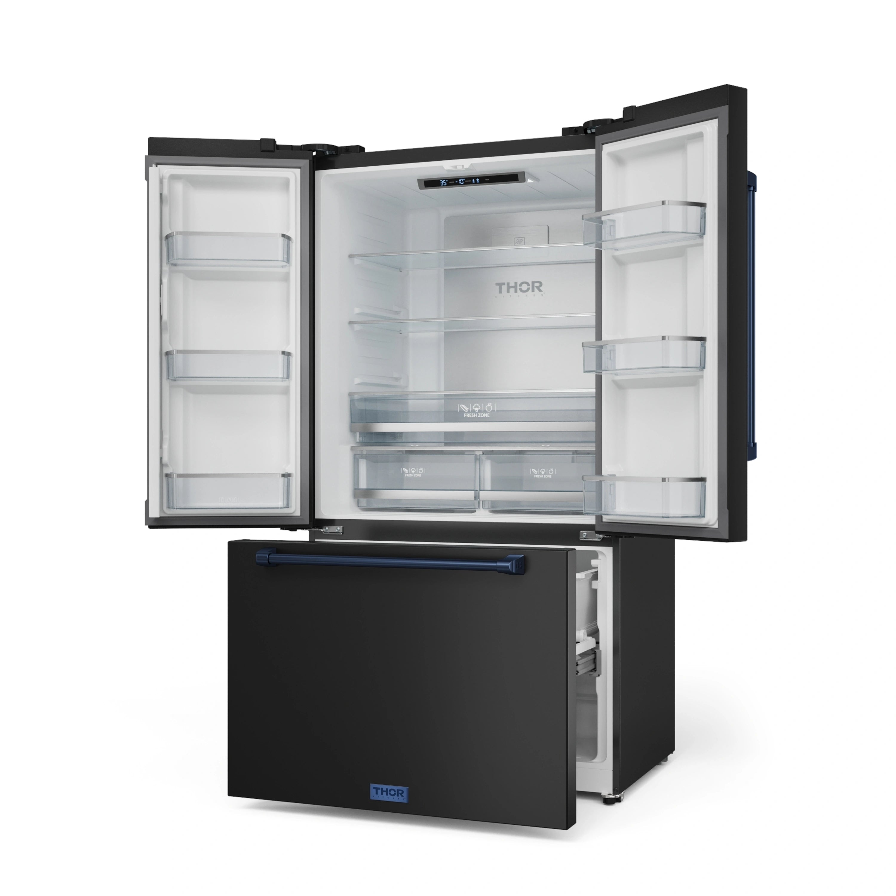 Black French-door refrigerator with navy trim, open doors showing glass shelves