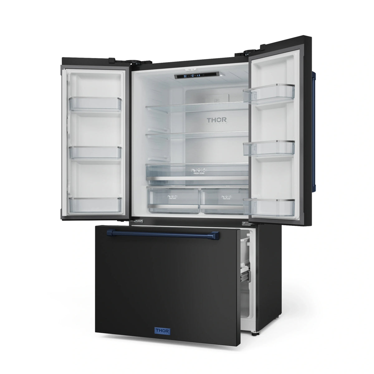 Counter-depth refrigerator open with black exterior, white shelves, and blue handle