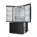 Black French-door refrigerator with navy trim, open doors showing glass shelves