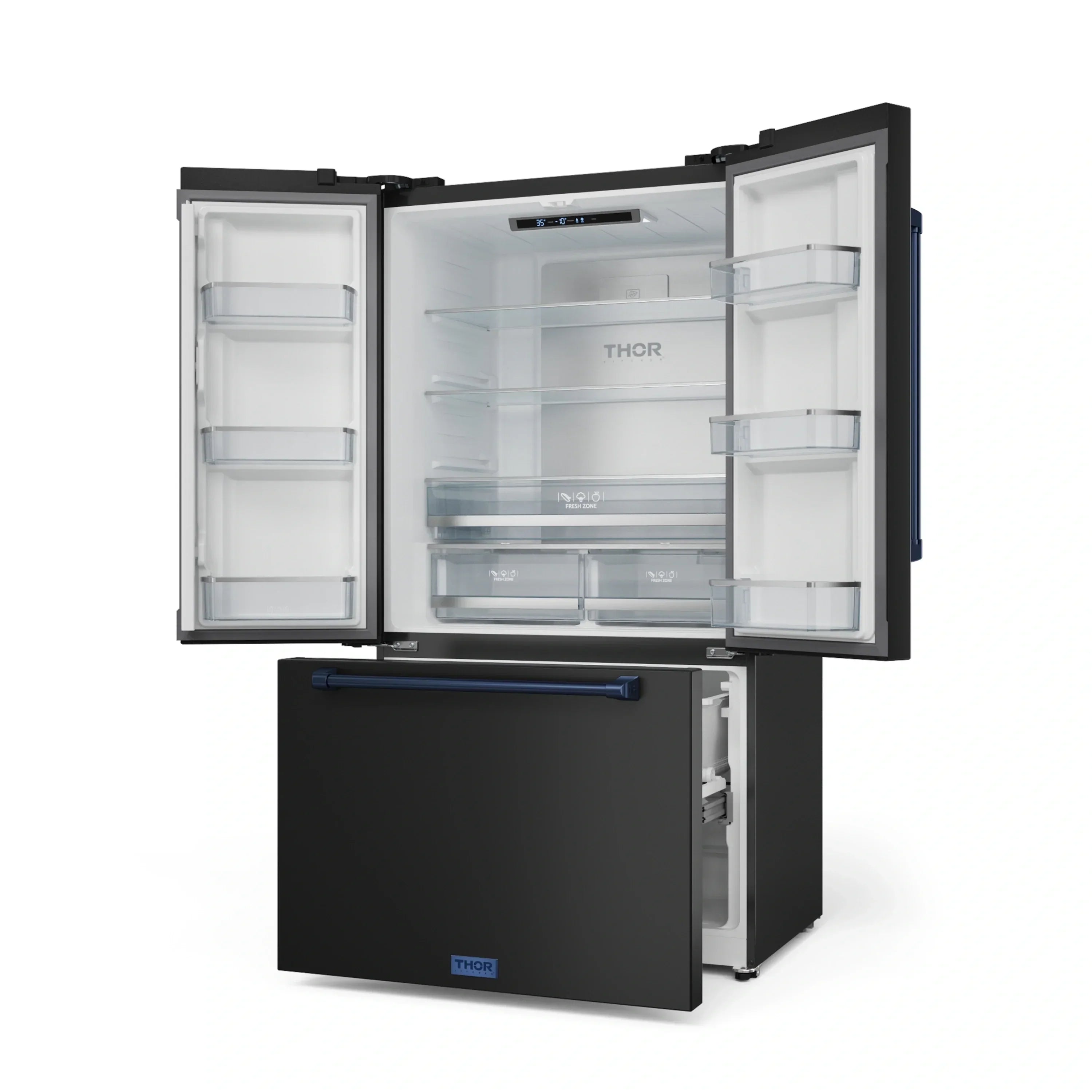 French door refrigerator open with glass shelves, bins, and blue-trim handle bar
