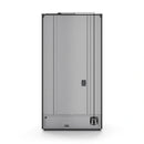 Black French-door refrigerator with navy handles, closed front with dispenser area