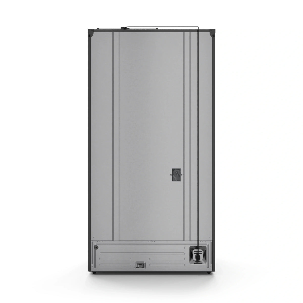 Black refrigerator with vertical stainless panels and recessed handle