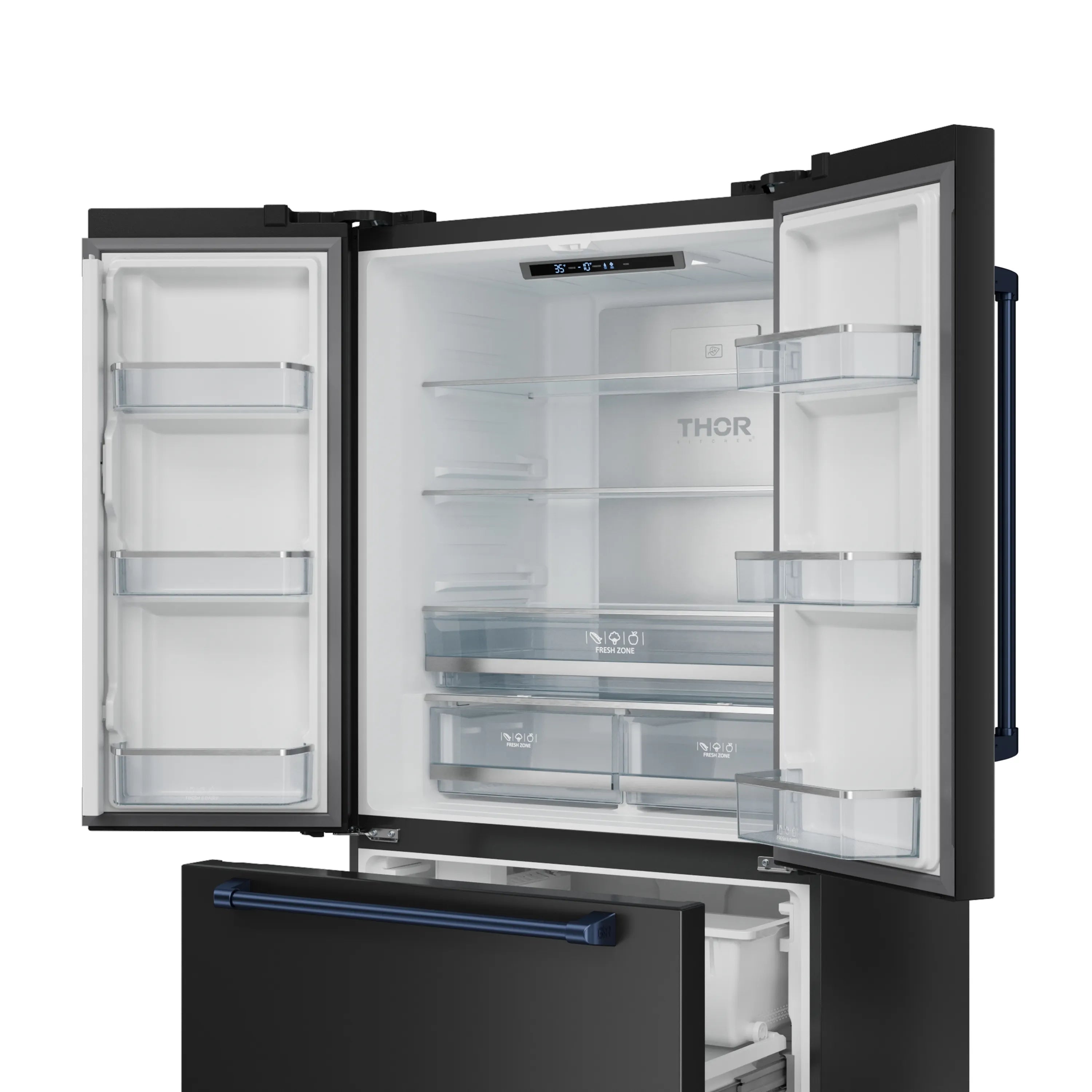 Black French-door refrigerator with navy side trim, open doors and interior shelves