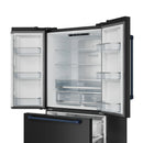 Black French-door refrigerator with navy side trim, open doors and interior shelves