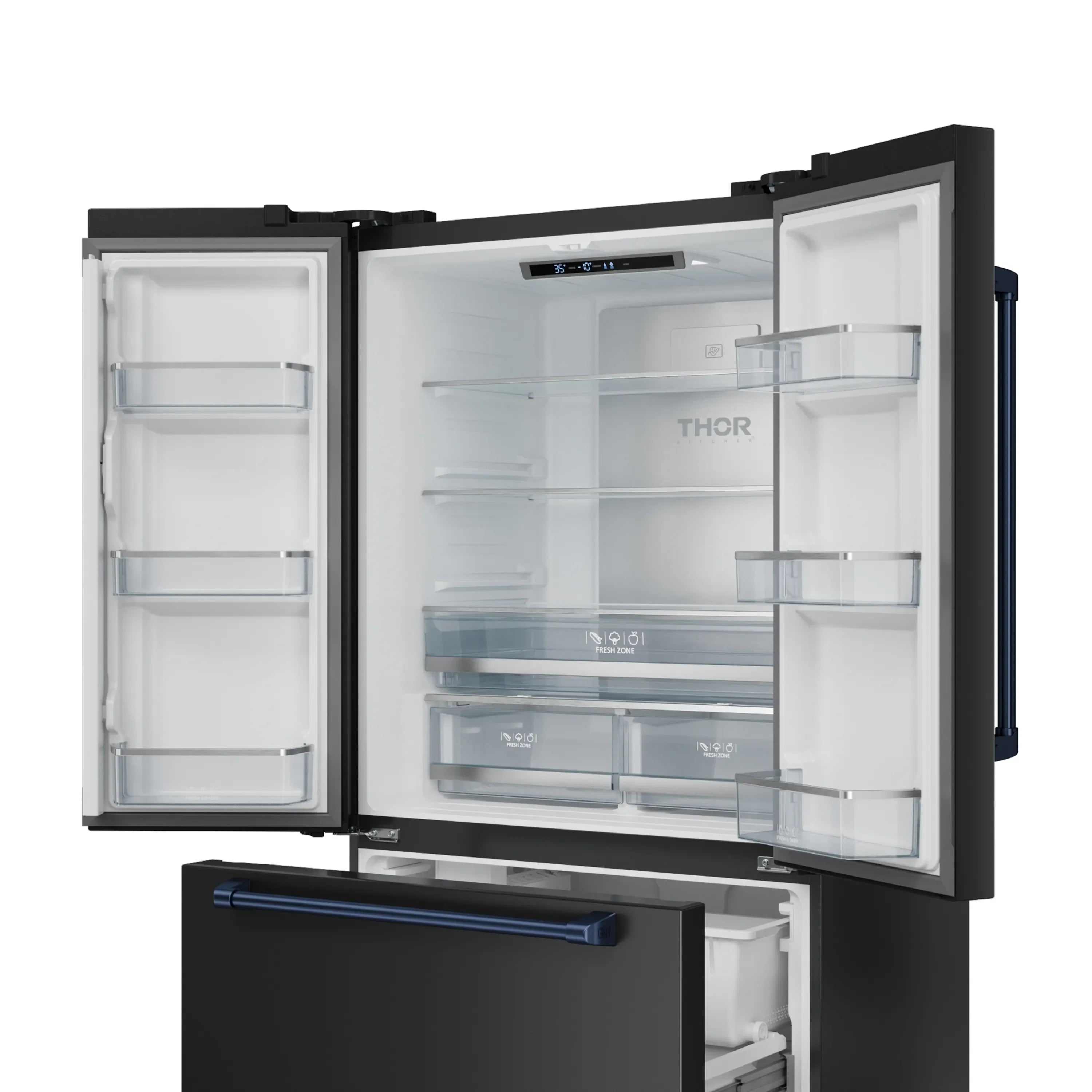 Black refrigerator interior with clear shelves, bins, and blue handle bar