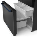 Black refrigerator with navy dispenser bar, open door showing bins and ice maker area