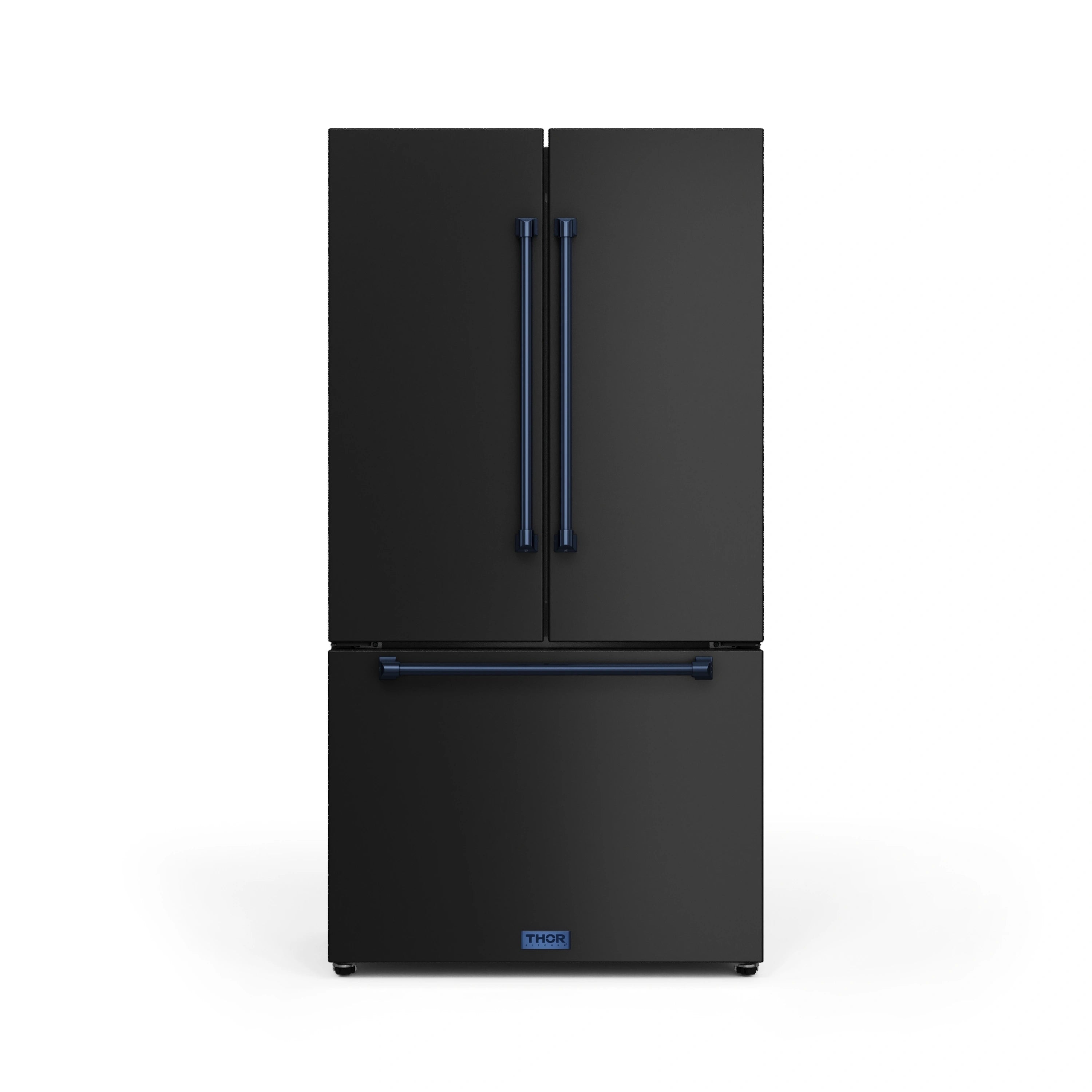 Black top-and-bottom refrigerator with navy handles, closed front view