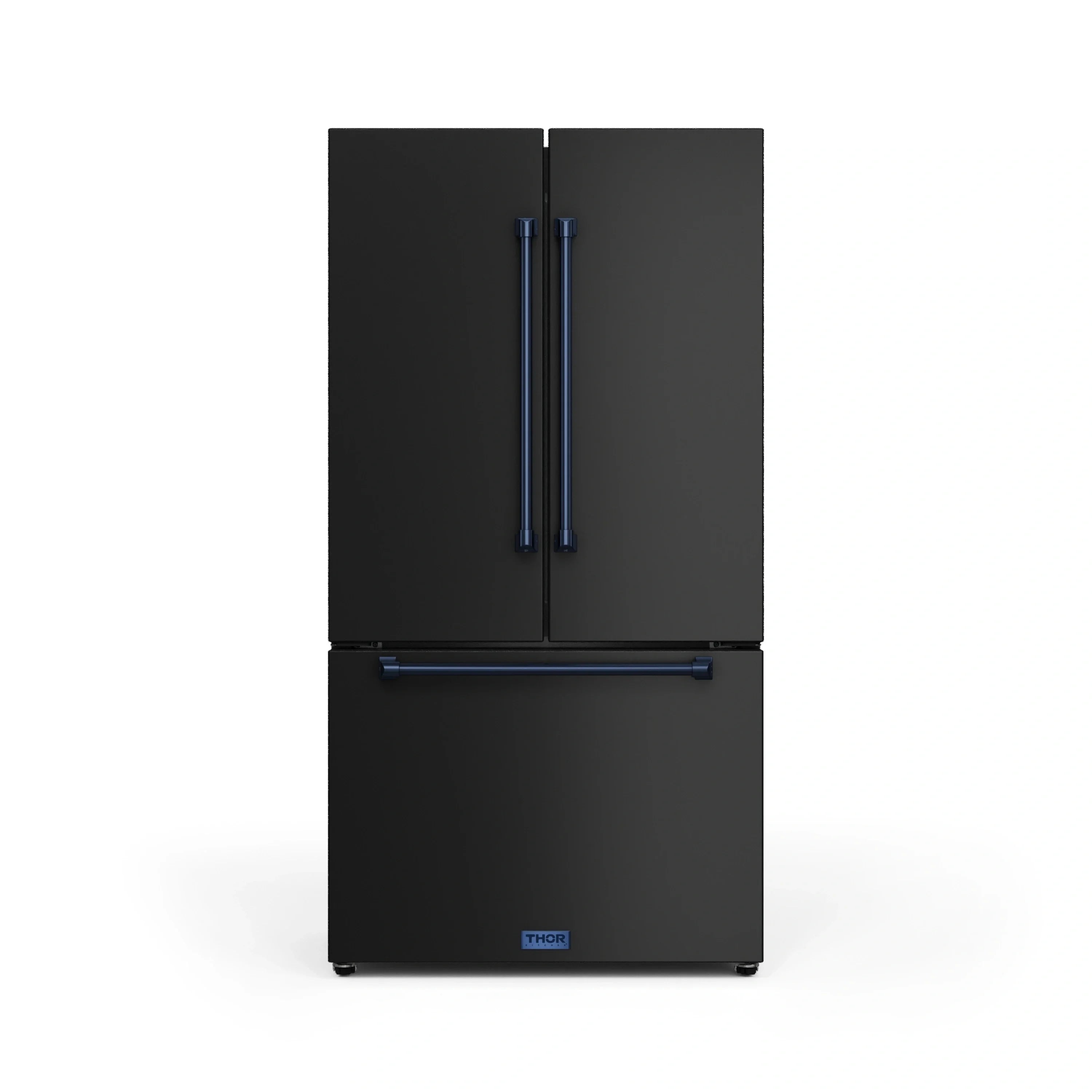 Black refrigerator with blue handles, double-door exterior