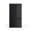 Black top-and-bottom refrigerator with navy handles, closed front view