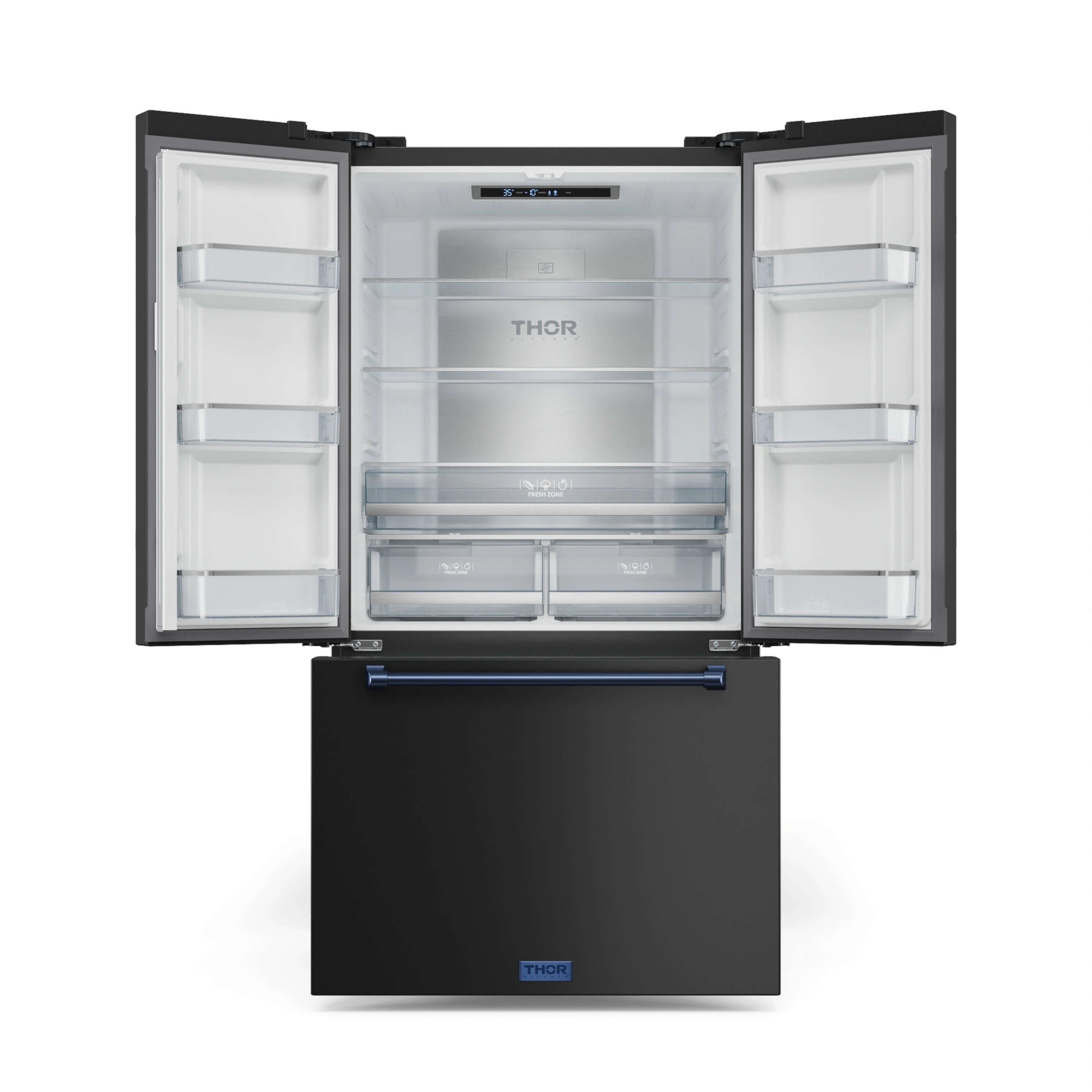 Black French-door refrigerator with navy handle trim, open doors with interior shelves