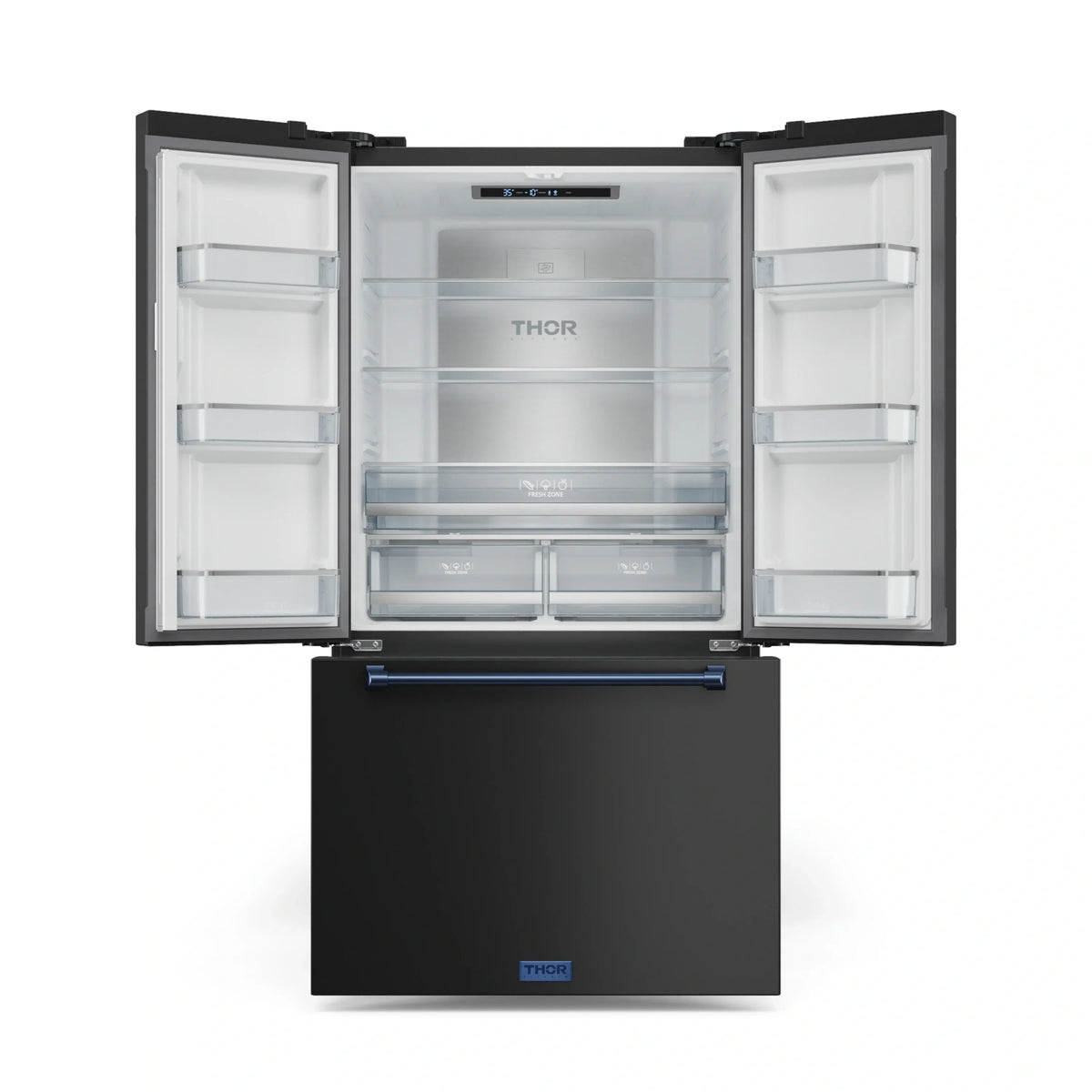 Black refrigerator with open doors showing bright interior shelves and bins