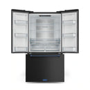 Black French-door refrigerator with navy handle trim, open doors with interior shelves