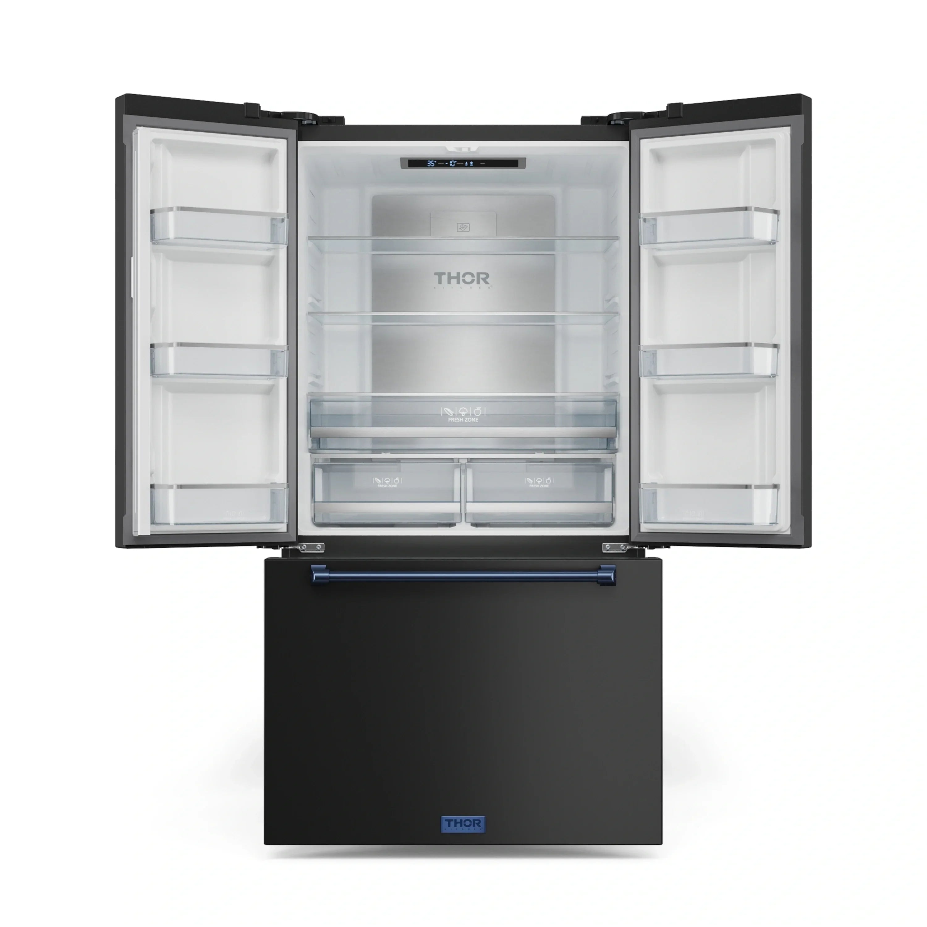 Black refrigerator with open doors showing white interior shelves and drawer bins
