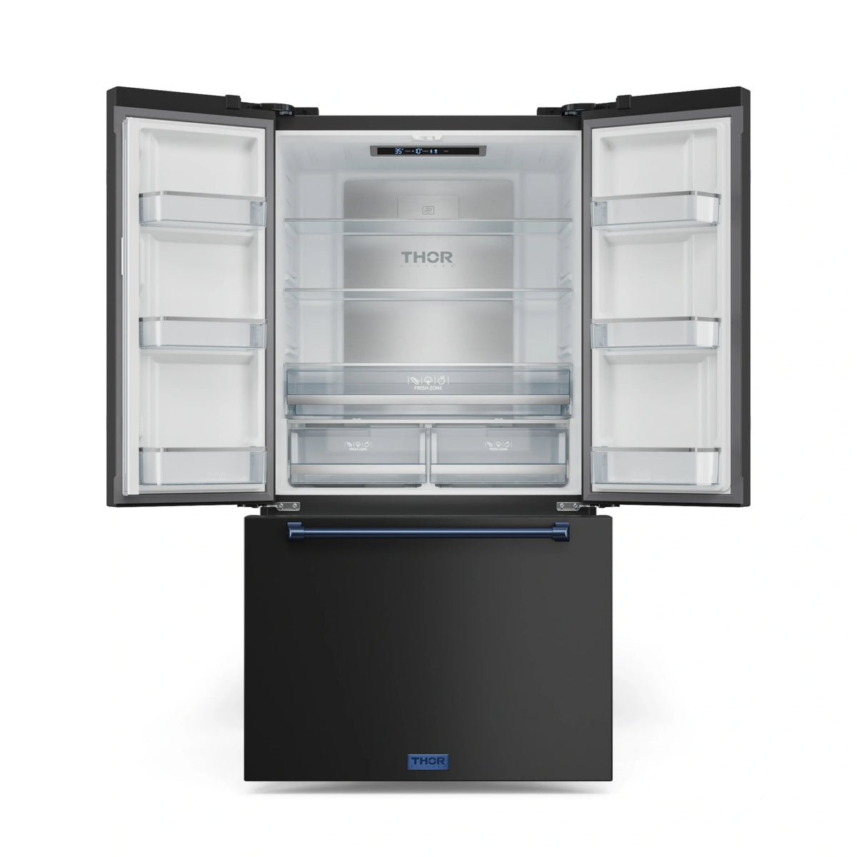Open black refrigerator with interior shelves, drawers, and blue dispenser handle