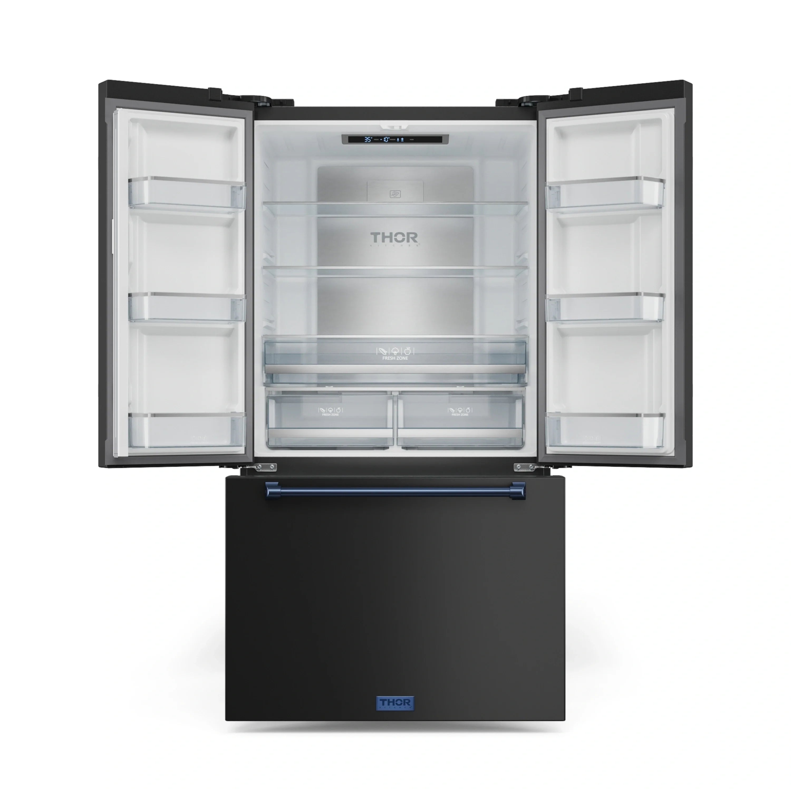Black refrigerator with blue handles, open doors showing interior shelves