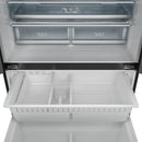 Open freezer section with bins and fresh zone controls, white interior